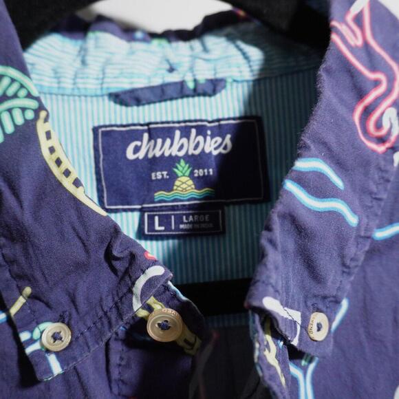 Chubbies Shirt Mens L Blue Neon Light Short Sleeve Button Up Top Tropical Aloha - Picture 2 of 5